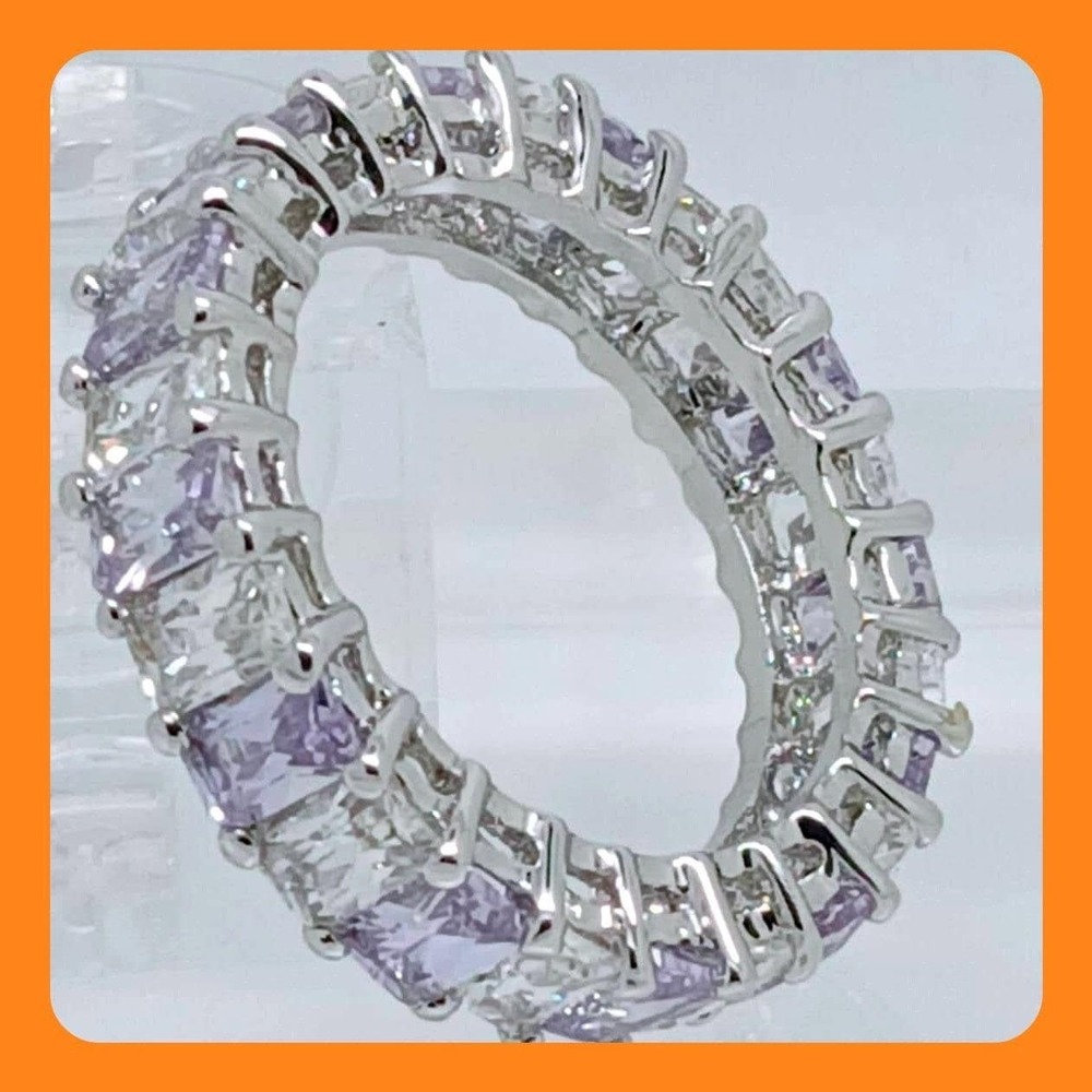Lavender Emerald Cut Cubic Zirconia Eternity Band Ring Silver Tone Size 9 NOS